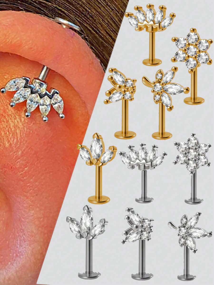 1PC Stainless Steel Marquise Vertical Post Helix Piercing Crown/Butterfly Earrings Cartilage Helix Stud Body Piercing Jewelry - As Shown - View 1