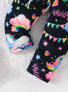 2pcs Baby Girls' Lovely Unicorn Printed Cap Sleeve T-Shirt And Long Pants Summer Outfits