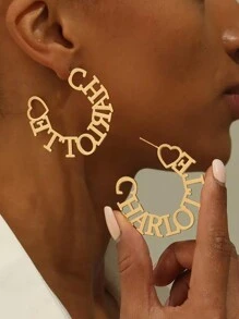 1 Pair Custom 50MM Heart Name Earring For Women Personalized Big Circle Stainless Steel Stud Earrings Wedding Charm Golden Nameplate Jewelry Vacation Daily Wear Accessories, Valentine's Day And Mother's Day Gifts - Yellow Gold - View 6