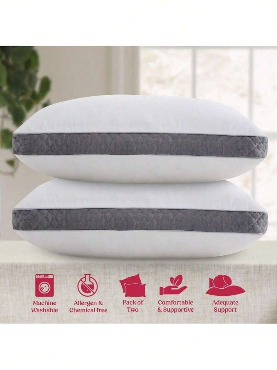 Bed Pillows Set Of 2 Gusseted Neck Support Soft Pillow For Side & Back Sleepers - 灰色 - 查看 1