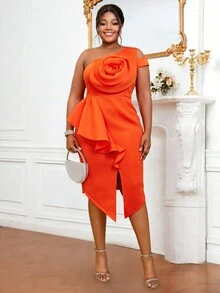 Plus Size Women's Asymmetrical Neck 3D Ruffle Floral Decor Party Banquet Dress - Orange - View 5