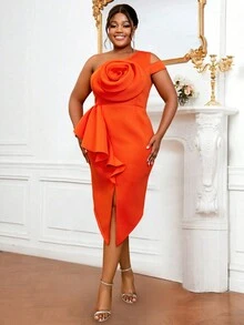 Plus Size Women's Asymmetrical Neck 3D Ruffle Floral Decor Party Banquet Dress - Orange - View 6