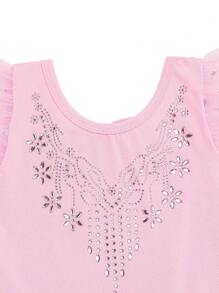 带薄纱裙的年轻女孩芭蕾紧身衣，儿童短袖舞蹈体操芭蕾舞裙运动服 - 淺粉色 - 查看 3