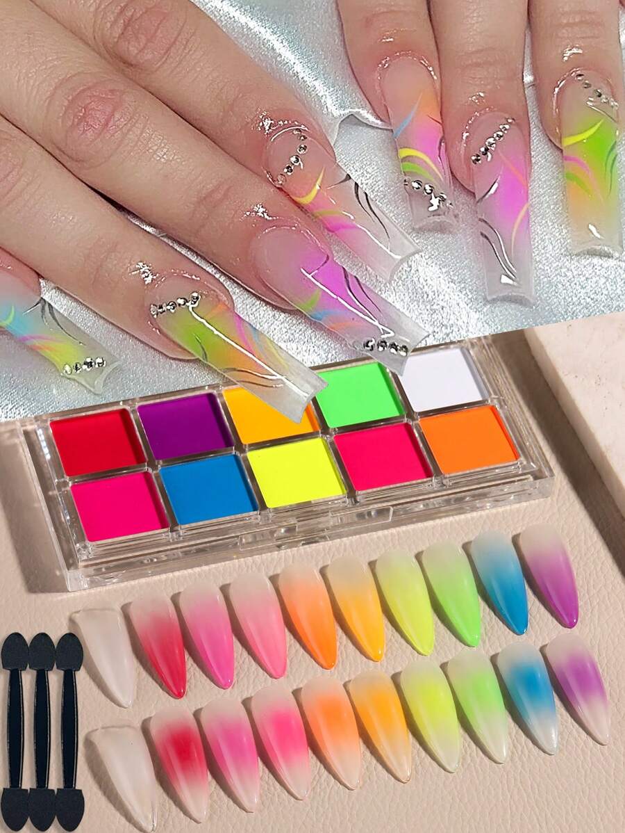 Set de 10 colores de polvo de uñas con efecto degradado sólido, incluye rosa, azul, morado, amarillo, polvo degradado, rubor, decoración de uñas con efecto dopamina lindo, con 3 pinceles de sombra de ojos, set de polvo de uñas para salón de uñas DIY - Multicolor - Ver 1