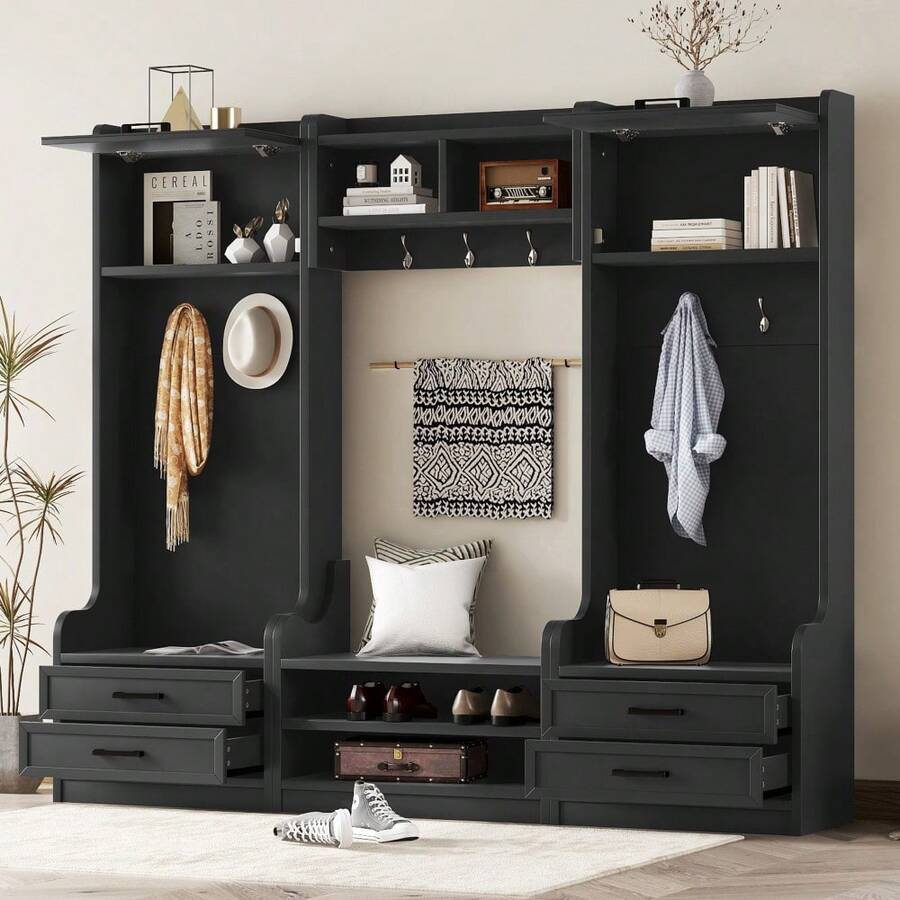 4-In-1 Detachable Hall Tree With Storage And 7 Hooks, Multiple Functions Hallway Coat Rack With Storage Drawers And Cabinet, Antique Beige Shoe Bench For Entryway Hallway - 黑色+刨花板+MDF-1 - 查看 1