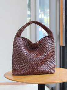 New Fashionable Niche Design Woven Tote Bag, Bucket Style Shoulder Bag, Minimalist Vintage Handbag For Office, Commute, Student, Cute Dopamine Color Series, Retro Inspired Bag For Women - 咖啡棕 - 查看 5