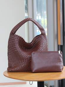 New Fashionable Niche Design Woven Tote Bag, Bucket Style Shoulder Bag, Minimalist Vintage Handbag For Office, Commute, Student, Cute Dopamine Color Series, Retro Inspired Bag For Women - 咖啡棕 - 查看 3