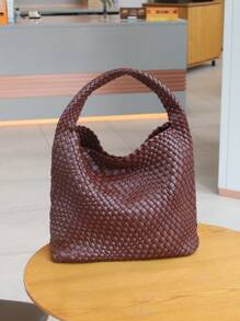 New Fashionable Niche Design Woven Tote Bag, Bucket Style Shoulder Bag, Minimalist Vintage Handbag For Office, Commute, Student, Cute Dopamine Color Series, Retro Inspired Bag For Women - 咖啡棕 - 查看 4