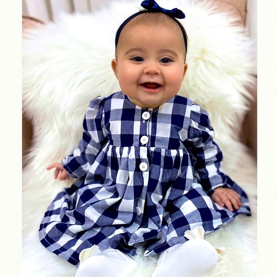 Mundo Nina Kids Baby Girl Dress Long Sleeve Sizes S To 1 100% Cotton Autumn Winter With Bow Headband - Màu xanh lam - Xem 1