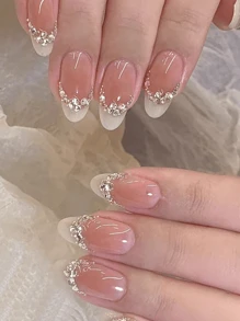 10片手工美甲贴片,粉白法式闪光水钻美甲贴片,日常高端甜美美甲,可爱创意美甲,卡通甜美酷炫,独特高端美甲,情人节美甲,Y2K风格美甲,简约按压式美甲贴片,美甲用品,手工按压式美甲贴片 - 粉色 - 查看 3