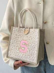 1 Mini Towel Embroidered With Initial Letter Pattern Handbag, Printed Linen Handbag, Small Flower Linen Button Decoration Handbag, Simple Large Capacity Handbag, Portable Leisure Storage Handbag, Multi-Functional Shopping Bag