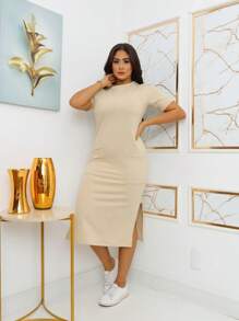 Midi Sweatshirt Dress With Front Pockets - Stylish And Modern | Fashion 2024 - 卡其色 - 查看 3