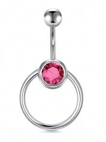 CIZME 1PC Belly Button Ring Dangle Navel Belly Piercing Jewelry Cute Pink CZ Heart Bow Flower Navel Belly Rings For Women 14G Silver Stainless Steel Dainty Dangly Dangling Belly Button Piercing - Pink - View 24