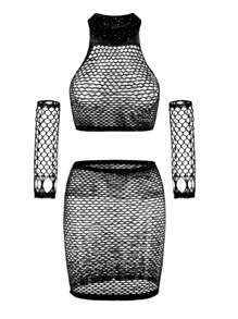 Conjunto de body de red sexy de una pieza con detalles de pedrería, perfecto para festivales de música. No incluye ropa interior. 4 piezas por juego.