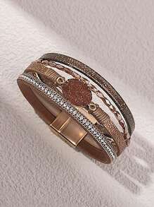 1pc Bohemian Style Rhinestone Weave Multi-Layer Braided Magnetic Closure Leather Bracelet, Suitable For Daily Wear By Women - Bracelet - View 9
