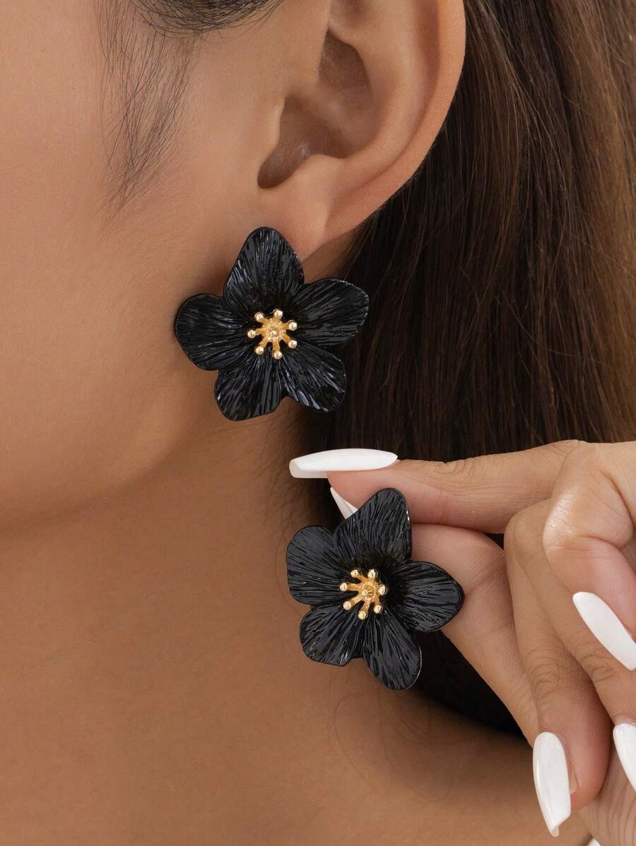 1 Pair Elegant Multicolor Dopamine Flower Shaped Stud Earrings For Women, Wedding Gift - Black - View 1