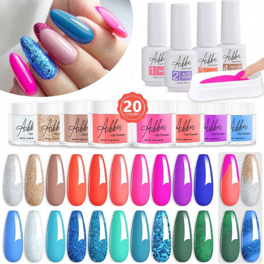 Aikker 20 Colours Dip Powder Nail Kit Glittery Blue Green Mermaid Style Neon Purple Dipping Powder And Liquid Set With Base Top Coat Activator And Recycle Tray Starter Kit Nail Art Manicure AK39
