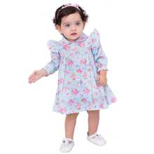 Mundo Nina Kids Baby Girl Dress Long Sleeve Sizes S To 1 100% Cotton Autumn Winter With Bow Headband - Màu xanh nhạt - Xem 4