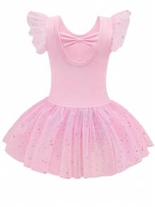 带薄纱裙的年轻女孩芭蕾紧身衣，儿童短袖舞蹈体操芭蕾舞裙运动服 - 淺粉色 - 查看 2