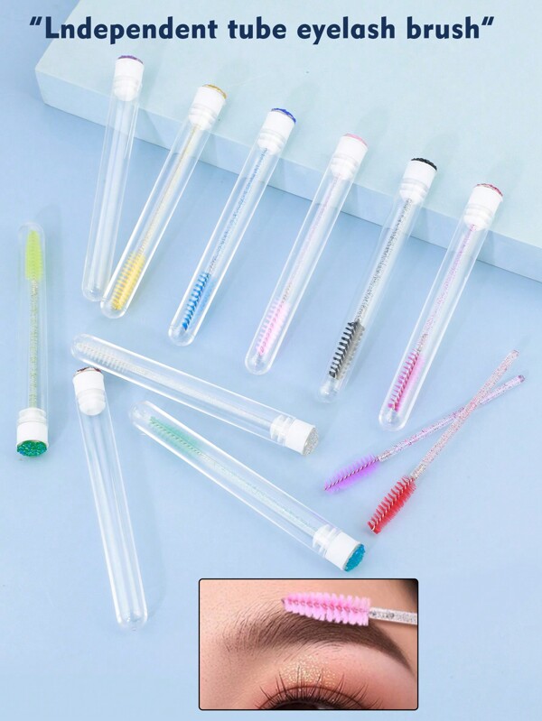 10/2 Piezas Varillas de máscara con tubo, cepillos de pestañas reutilizables portátiles, ojos de cristal desechables, peines para cejas con estuches, mini herramientas de maquillaje con brillos