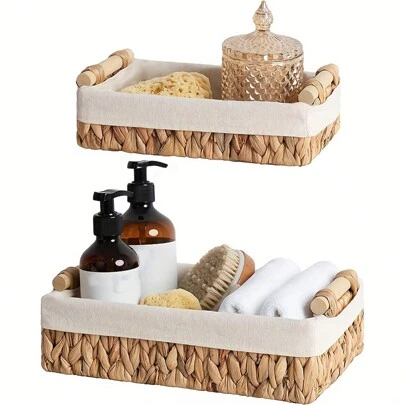 1 pieza/2 piezas Juego de cestas de jacinto de agua y mimbre, cestas de almacenamiento rústicas para el baño con forros, soporte para papel higiénico con asa de madera, cestas de almacenamiento para decoración del hogar, organizador de maquillaje, accesorios de cocina, maceta de cuerda bohemia, decoración de jardín de ratán natural mixto, cestas boho con marco metálico para vibraciones costeras, cesta geométrica