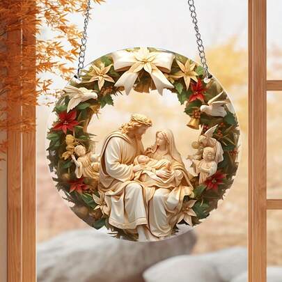 1 件经典圣家庭耶稣降生场景 2D 平面亚克力圆盘吊坠，防水透明圆形圣诞装饰带保护膜，适用于家庭和花园装饰，否则，门窗装饰艺术吊坠，圣诞装饰多色装饰吊坠