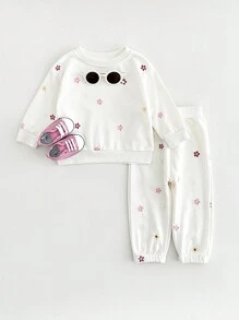 2 piezas/set Top de manga larga elástico con bordado floral y pantalones conjunto informal para niñas bebé, primavera/otoño - Beis - Ver 5