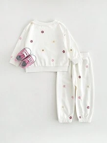 2 piezas/set Top de manga larga elástico con bordado floral y pantalones conjunto informal para niñas bebé, primavera/otoño - Beis - Ver 6