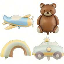 4pcs Birthday Balloons, Brown Bear Balloon, Matte Rainbow Balloon, Foil Balloon, Cute Cartoon Car Party Decorative Balloons, Suitable For Birthday Party Supplies, Back To School Season And Valentine's Day - Matte Balloons - View 4