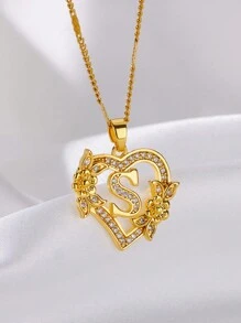 1 Pc Fashion Zirconia Flower Initial Heart Pendant Necklaces For Women Gold Color Stainless Steel Letter Chain Wedding Jewelry Gifts Valentines,Mom,Mother,Mother's Day,Gift
