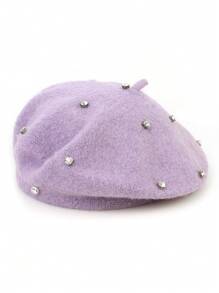 1 件女士休闲羊毛纯色珠饰贝雷帽，时尚百搭