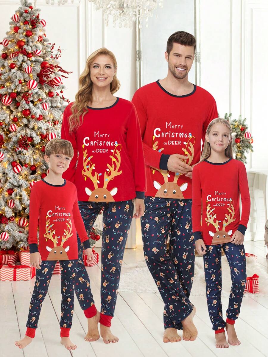2 件/套 Tween Girl 圣诞家庭配套贴身睡衣 - 可爱鹿长袖上衣和裤子睡衣套装，舒适有弹性 - 紅色 - 查看 1