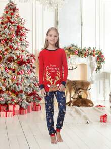 2 件/套 Tween Girl 圣诞家庭配套贴身睡衣 - 可爱鹿长袖上衣和裤子睡衣套装，舒适有弹性 - 紅色 - 查看 4