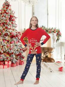 2 件/套 Tween Girl 圣诞家庭配套贴身睡衣 - 可爱鹿长袖上衣和裤子睡衣套装，舒适有弹性 - 紅色 - 查看 2
