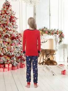 2 件/套 Tween Girl 圣诞家庭配套贴身睡衣 - 可爱鹿长袖上衣和裤子睡衣套装，舒适有弹性 - 紅色 - 查看 3