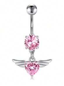 CIZME 1PC Belly Button Ring Dangle Navel Belly Piercing Jewelry Cute Pink CZ Heart Bow Flower Navel Belly Rings For Women 14G Silver Stainless Steel Dainty Dangly Dangling Belly Button Piercing - Pink - View 22