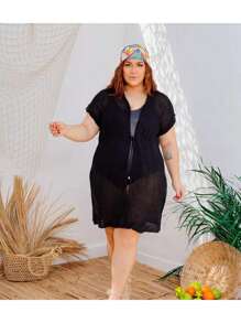 Plus Size Beach Vest Open Knit Skirt Summer 46 To 52 - 黑色 - 查看 1