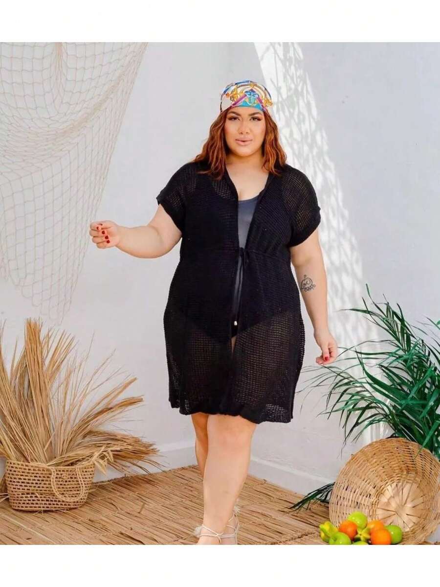 Plus Size Beach Vest Open Knit Skirt Summer 46 To 52 - 黑色 - 查看 1