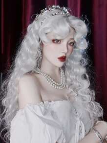 长卷波浪假发带刘海白色彩色角色扮演丝质假发，适合女性日常派对自然柔软合成头发耐热长卷银色合成假发带蓬松刘海白色水波发假发适合女性日常使用角色扮演彩色头发假发 - 白色 - 查看 9