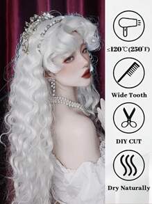 长卷波浪假发带刘海白色彩色角色扮演丝质假发，适合女性日常派对自然柔软合成头发耐热长卷银色合成假发带蓬松刘海白色水波发假发适合女性日常使用角色扮演彩色头发假发 - 白色 - 查看 7
