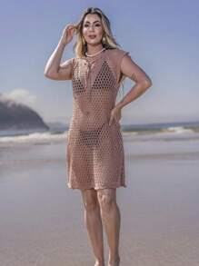 Beach Cover-Up Knitted Dress Plus Size 44 To 48 - trắng - Xem 4