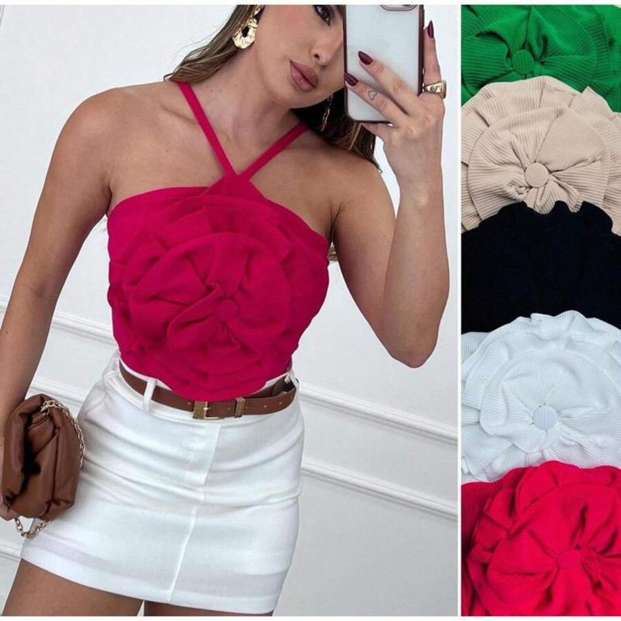 Cropped 3D Pink Open Flower Blouse - màu đen - Xem 1