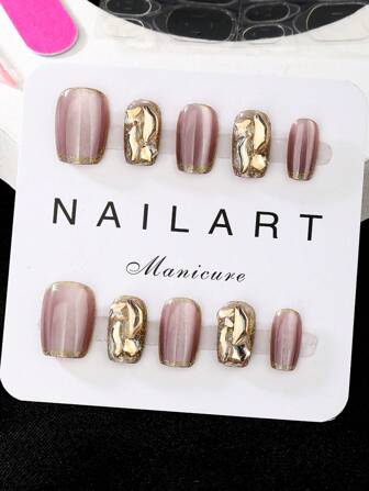10 Pieces Set, Rose Gold, Medium Trapezoid, Press-On Nail Art, Handmade, Elegant And Generous Design, High-End French Style, Gel Polishing, Flash, Cat's Eye Effect, Metallic Luster, Full Coverage Of Fake Nail Tips, 3D Large Rhinestones Full Of Various Shapes, Equipped With 1 Tube Of Jelly Glue, 1 A Finger Press-On Nails Stick And A Polishing Belt. Suitable For Parties, Travel, Dancing, Daily Wear And Gifts For Friends, Women's Nail Art Supplies, Reusable.