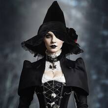 1 chiếc mũ phù thủy Baroque Halloween mới, mạng che mặt nữ hoàng Gothic & hoa giả trang trí, phụ kiện mũ phù thủy - Nhiều màu - Xem 2