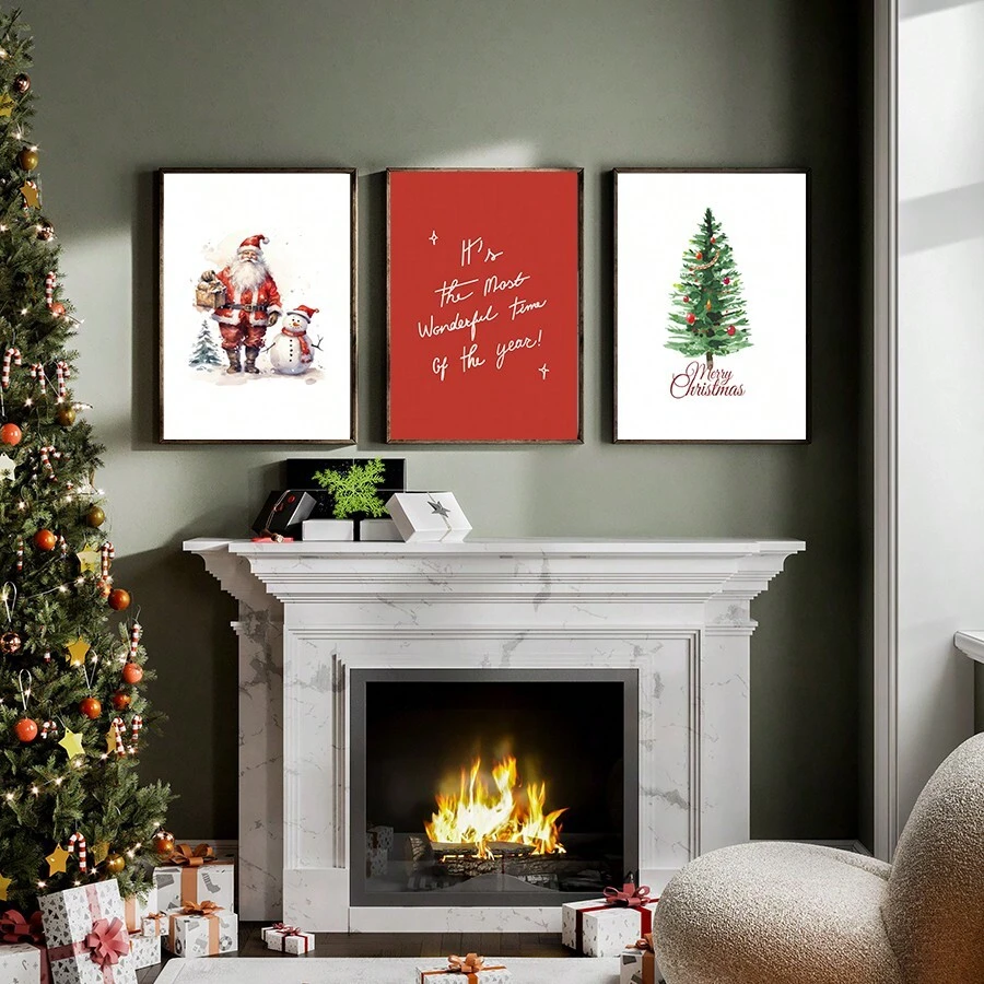 3 件套圣诞装饰帆布画圣诞节墙壁艺术圣诞老人雪人圣诞树装饰品节日装饰圣诞礼物无框架 - 黑色 - 查看 1
