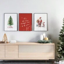 3 件套圣诞装饰帆布画圣诞节墙壁艺术圣诞老人雪人圣诞树装饰品节日装饰圣诞礼物无框架 - 黑色 - 查看 3