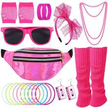 80s Fancy Dress For Women Girls, 1980s Party Costume Accessories Set Bumbag Leg Warmer Earrings Fishnet Gloves Necklace Eyeglasses Bracelet Headband, Retro Outfit For 80s Party/Dress Up Day, Rainbow Valentine's Day Valentines Prom Halloween