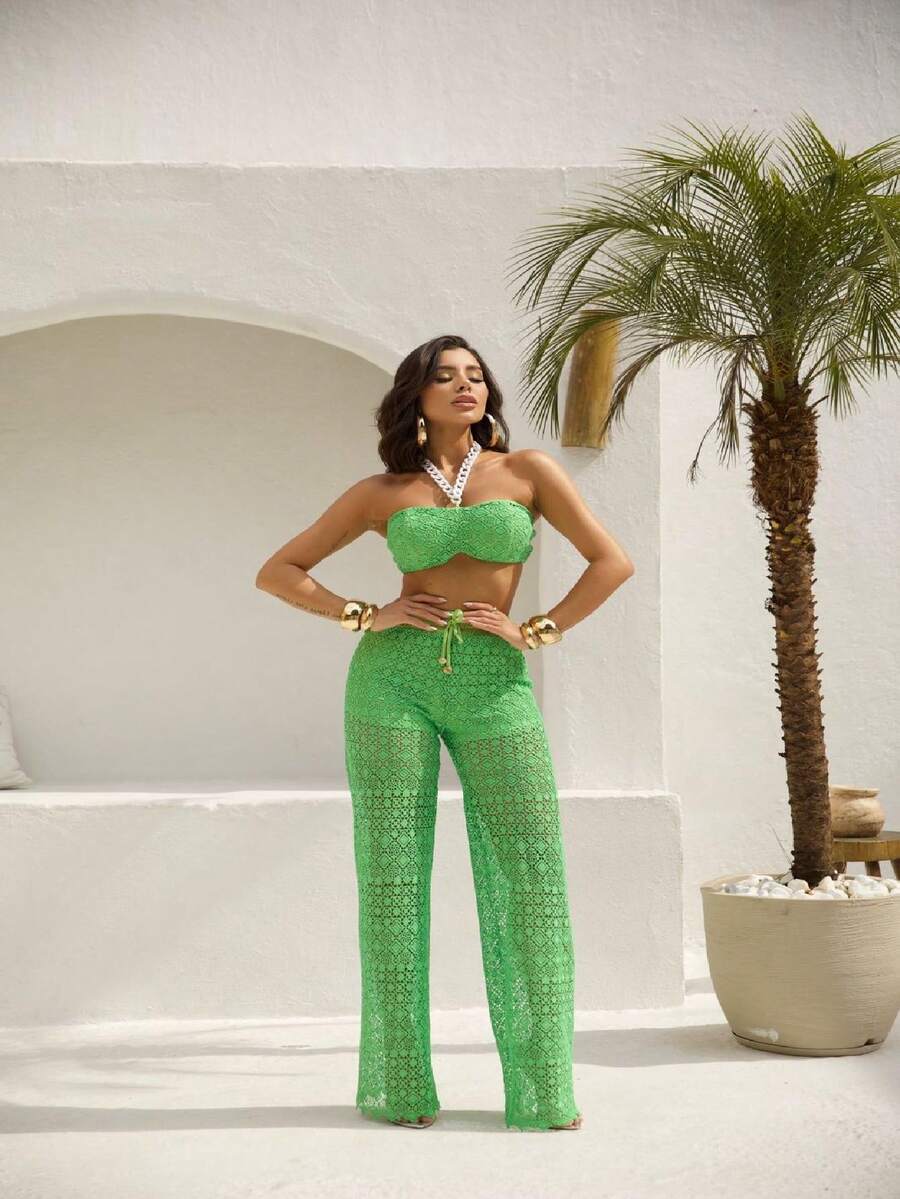 Ingrid Set, Made With Guipir Assuncena, Pants With Impeccable Fit, Cropped Top With Structured Cups And Beautiful Details On The Ties - 綠色 - 查看 1