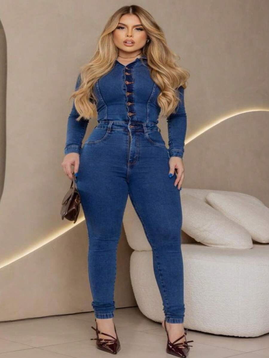 LONG SLEEVE JEANS OVERALLS 2 WASHES 23 DEGREES - Màu xanh hải quân - Xem 1