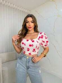 Corset Blouses With New Printed Bodice - White - View 2